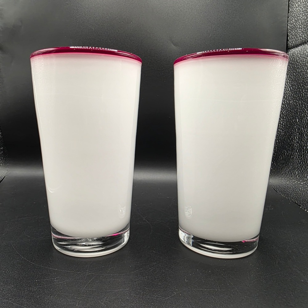 VTG Villeroy & Boch White Cased Glass Tumblers Red Rim Set of 2 Highball Glasses